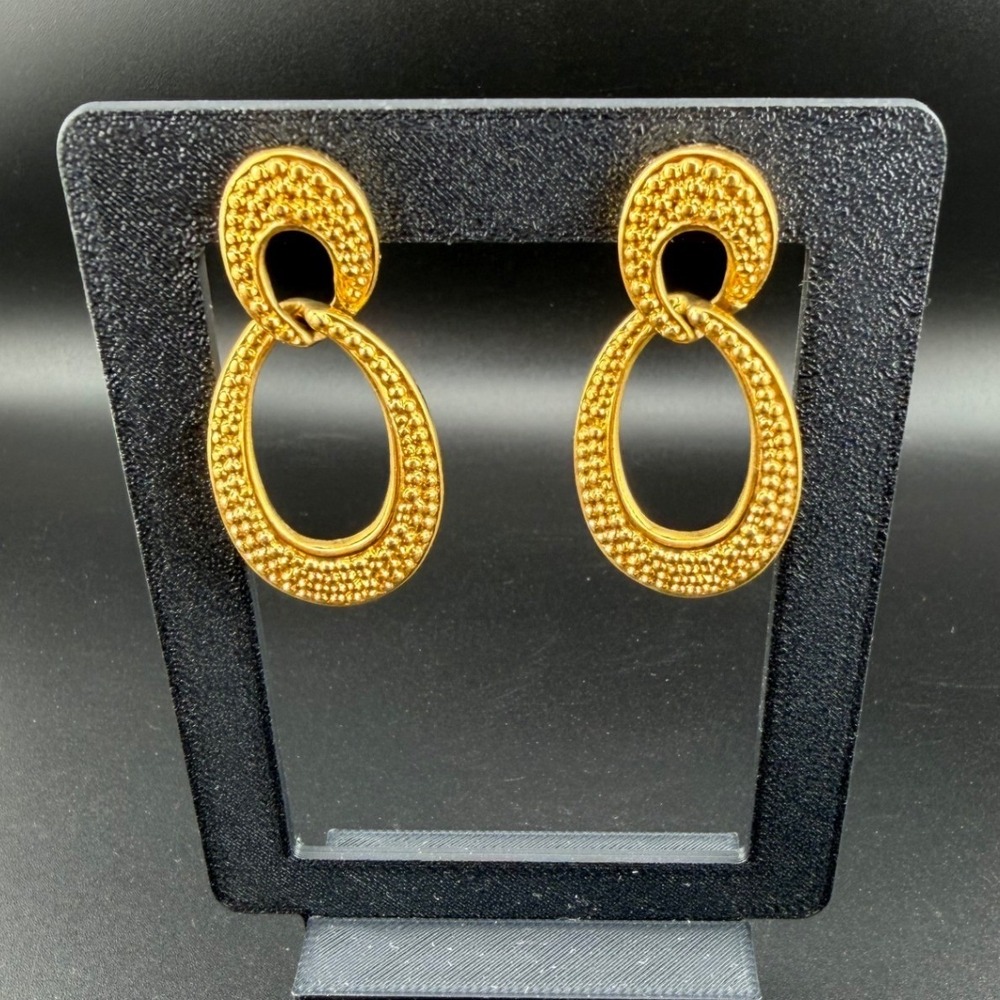 Napier Drop Earrings Gold Tone Textured Stippled Interlocking Oval Door Knocker